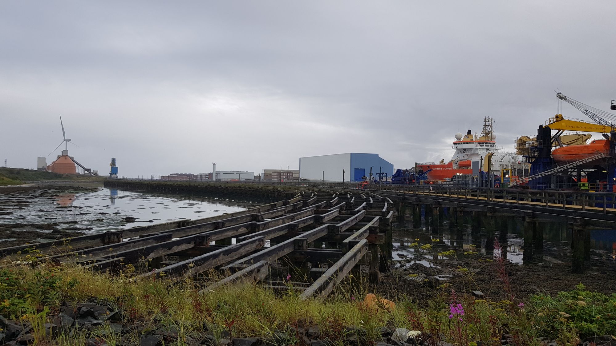 Blyth: former coal staithes with North Sea Link HVDC cable-laying ship